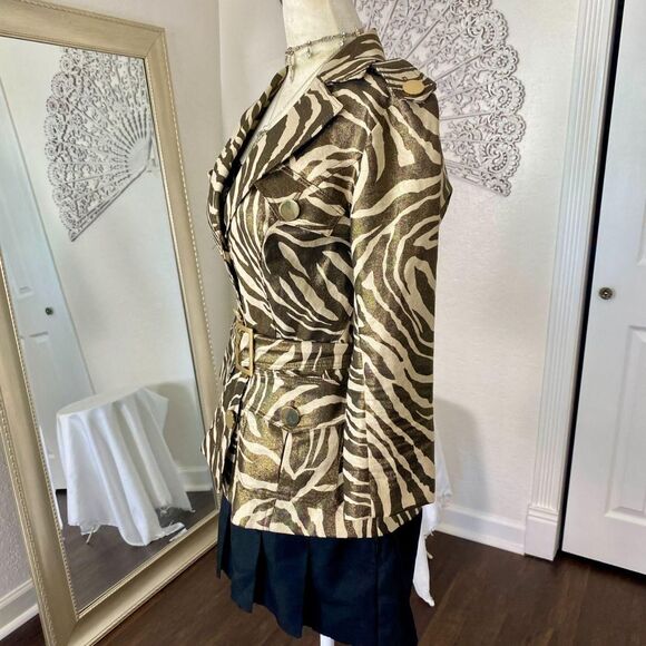 VTG 90s Cache Gold Metal Zebra Linen Cotton Button Tailored Belted Jacket XS - Picture 6 of 8